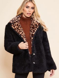 Контрастное леопардовое  плюшевое пальто
