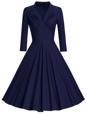 50s плиссированное платье клёш с V-образным вырезом