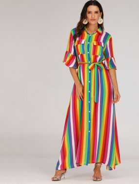 Радужное полосатое длинное платье-рубашка с поясом