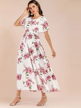 Длинное платье с эластичной талией и цветочным принтом