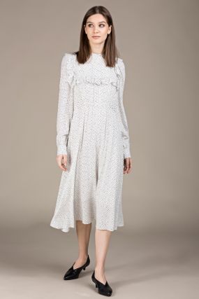 Платье Черешня в мелкий горошек с оборками белого цвета (38-42)