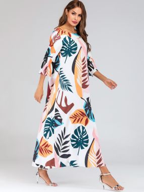 Разноцветное длинное платье с лиственным принтом и карманом