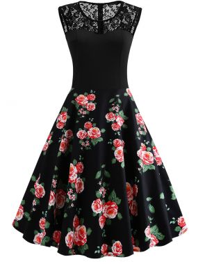 50s Контрастное платье с кружевами и принтом цветочным