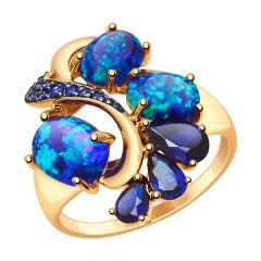Кольцо SOKOLOV из золота с синими корунд (синт.), синими опалами и синими фианитами
