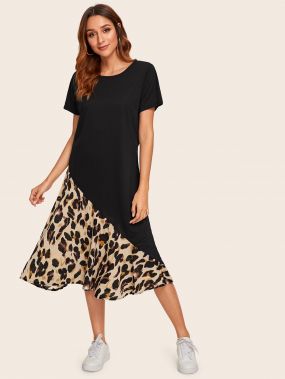 Контрастное платье-футболка с леопардовым принтом