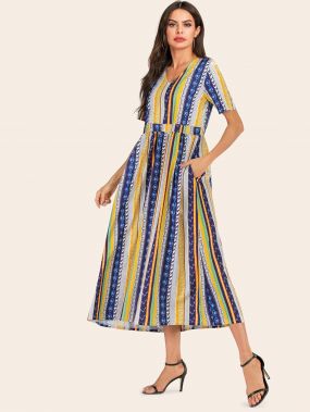 Длинное платье разноцветное полосатое с ацтекским принтом