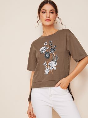 Асимметричная футболка с цветочным принтом