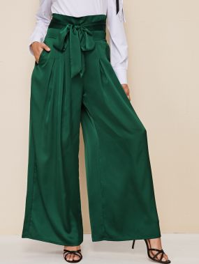 Атласные брюки палаццо с широкой талией и карманом