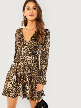 Леопардовое платье клёш и рукав с розеткой