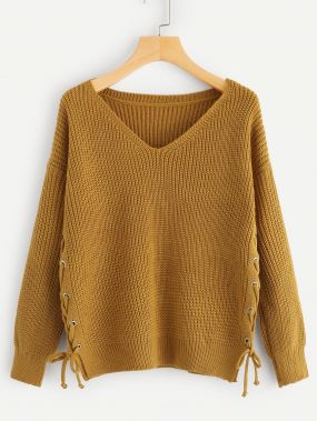 Одноцветный свитер с шнурками и V-образным вырезом