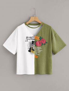 Двухцветная футболка с цветочным текстовым принтом