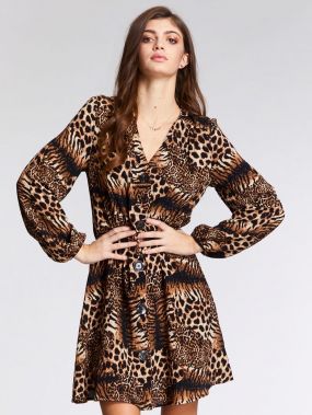 Однобортное леопардовое платье с V-образным вырезом