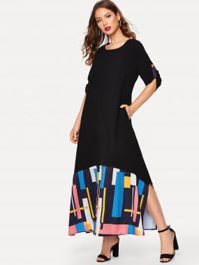 Длинное платье с красочными полосками и короткими рукавами
