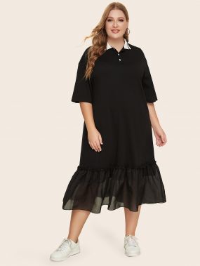 Платье-поло размера плюс с контрастным воротником и прозрачным низом