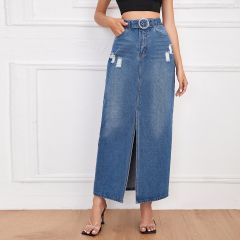 Рваная джинсовая юбка с поясом и высокой талией