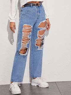 Рваные джинсы-бойфренды без пояса