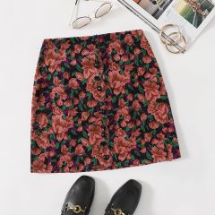 Вельветовая юбка с цветочным принтом и пуговицами