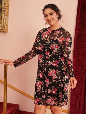 Прозрачное сетчатое платье размера плюс с цветочным принтом и майкой