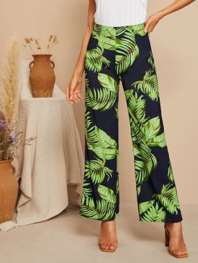 Широкие брюки с высокой талией и лиственным принтом