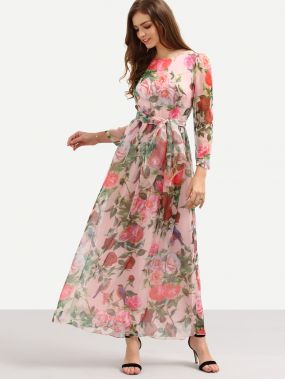 Элегантное шифоновое платье с принтом розы с поясом