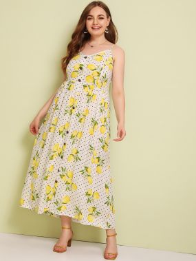 Платье в горошек размера плюс с лимонным принтом