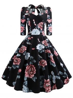 50s платье с бантом и цветочным принтом