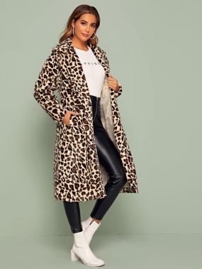 Леопардовое пальто с карманом
