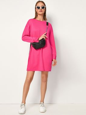 Неоновое розовое свитшот-платье со спущенным рукавом