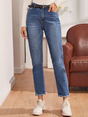 Прямые джинсы с необработанным низом без пояса