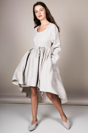 Платье Черешня с асимметричной юбкой из небеленого льна с завязками (40-46)